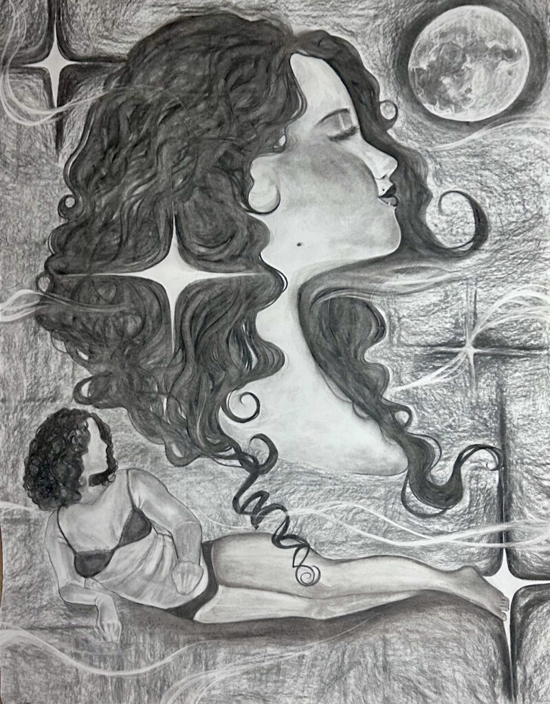 Autoportrait avec des symboles ( lune, lys, corps nu et profil ), réalisé au fusain et sur grand format