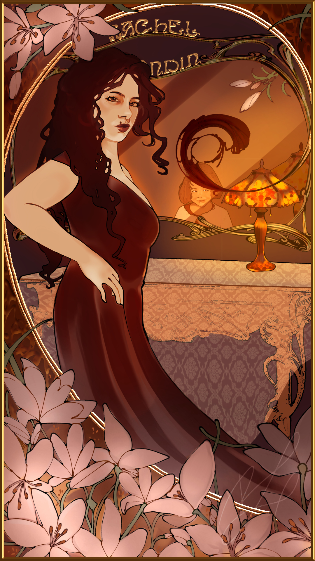 photo de bio Autoportrait avec inspiration d'Alfonse mucha, ton chauds d'orange et de rouge, composition parfait avec la courbe de fibonnaci, figure féminine, fleurs de lys