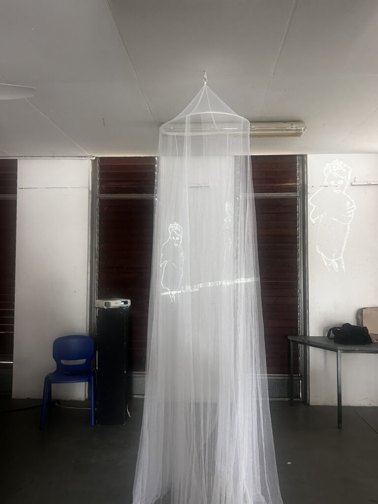 Installation avec projection sur moustiquaire blanche avec un texte animé et un autoportrait, le tout est une installation artistique