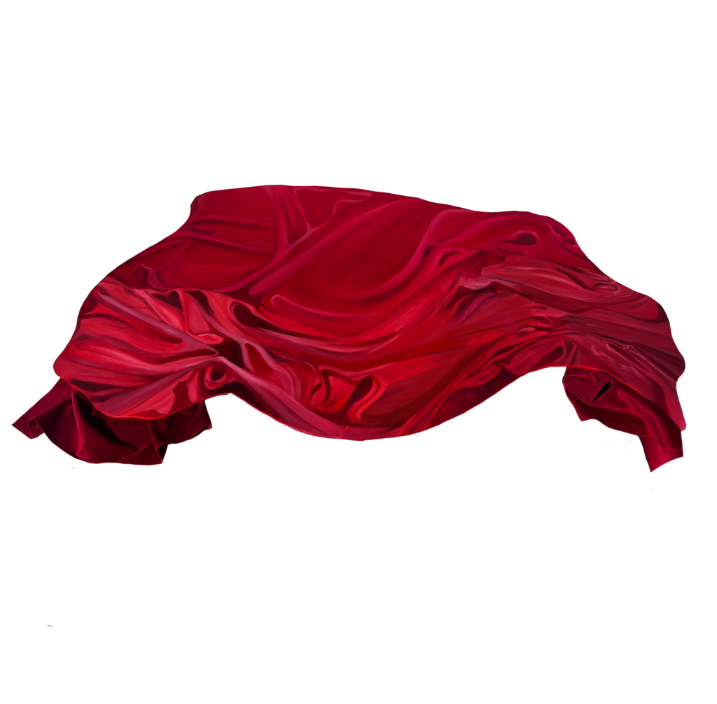 Camaïeu de rouge, sous la forme d'un drapé, illusion d'optique avec l'inclusion de morceaux de tissus aux extrémités inférieurs.