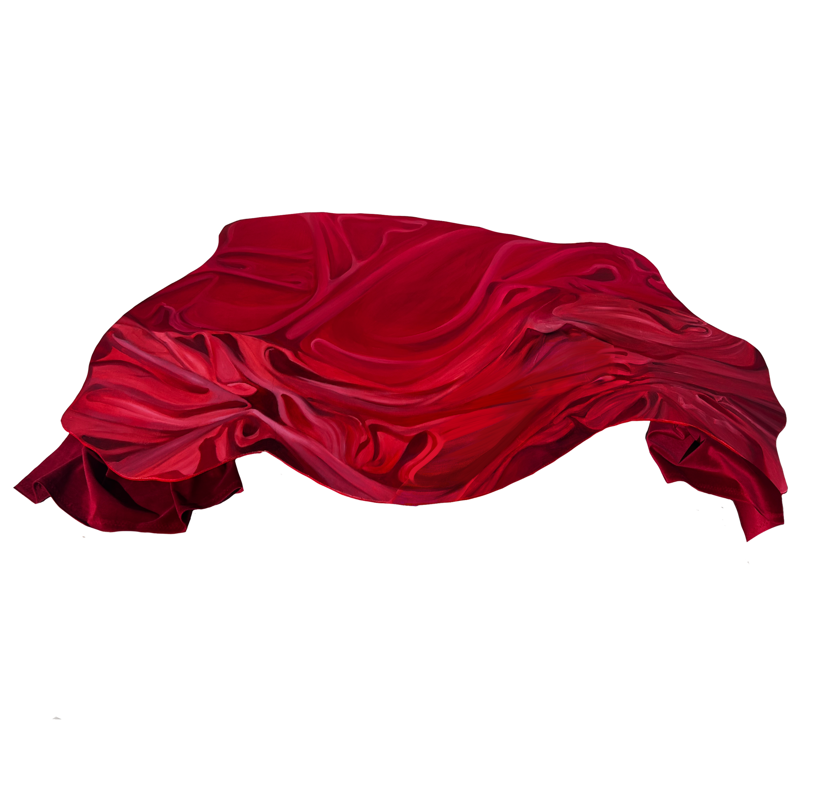 Camaïeu de rouge, sous la forme d'un drapé, illusion d'optique avec l'inclusion de morceaux de tissus aux extrémités inférieurs.