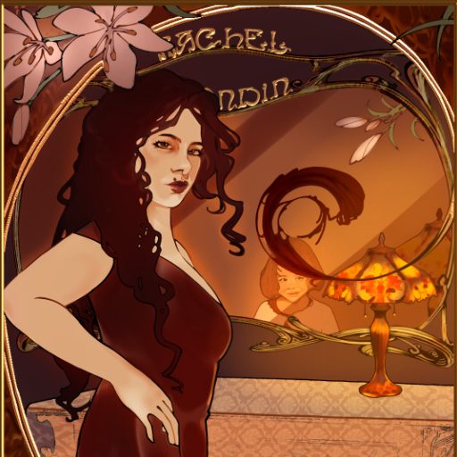 Autoportrait avec inspiration d'Alfonse mucha, ton chauds d'orange et de rouge, composition parfait avec la courbe de fibonnaci, figure féminine, fleurs de lys